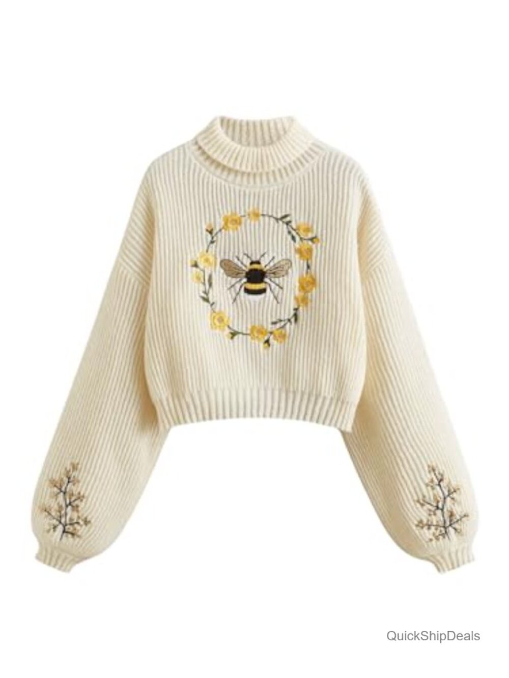 Bee Floral Embroidered Turtleneck Sweater Pullover Loose Fit Long Sleeve